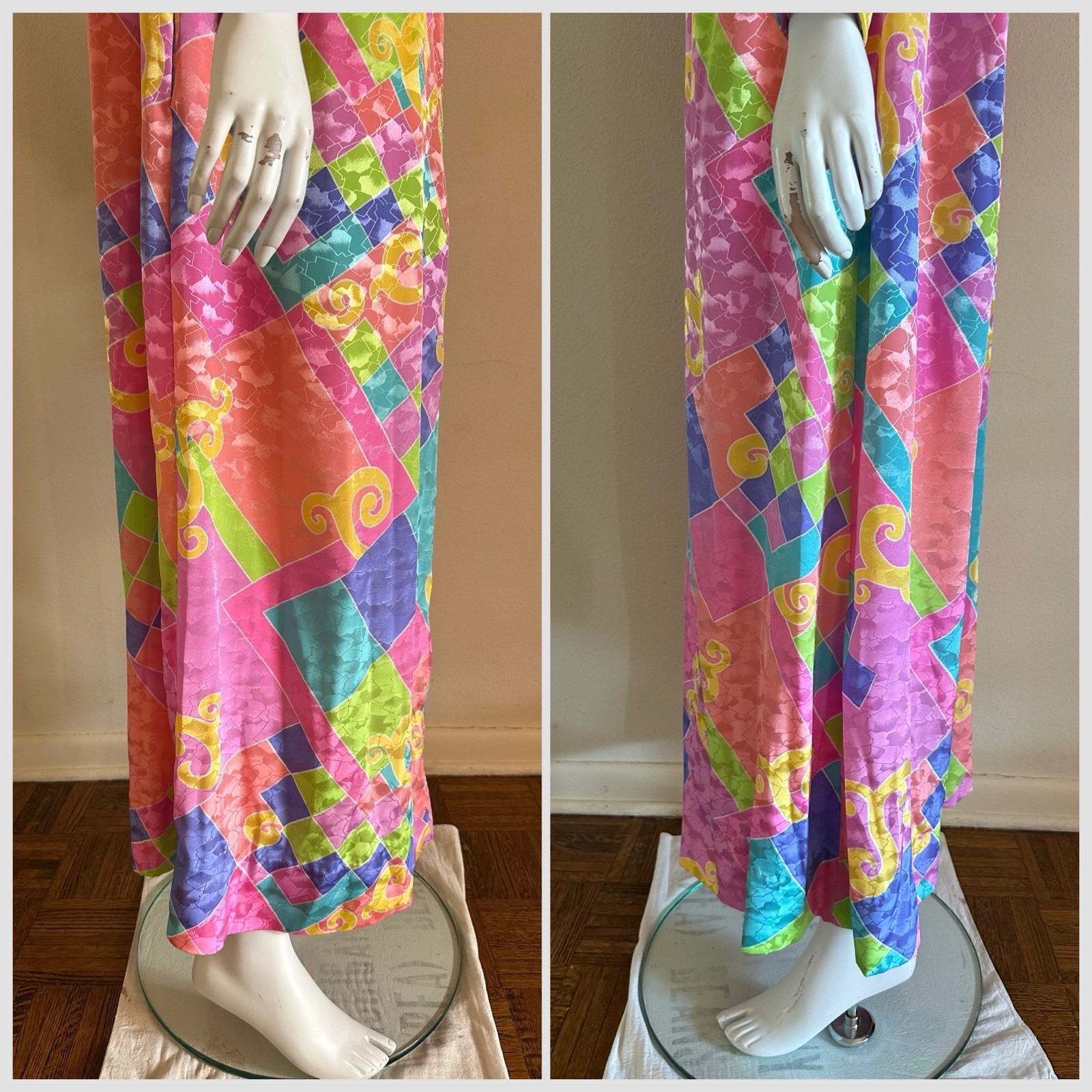 1980s David Brown Brocade Hostess Dress Maxi Resort Geometric Neon Deco Mumu VTG