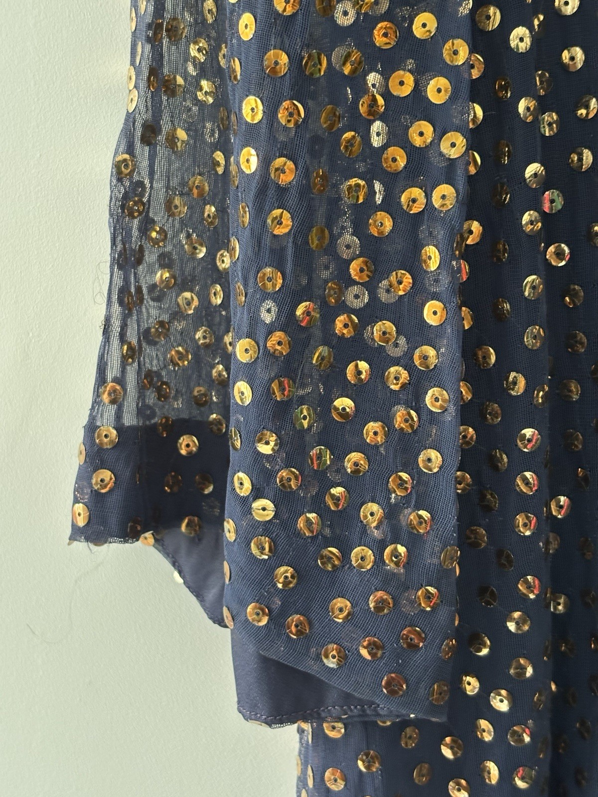 70s Joan Leslie by Kasper Sequin Party Dress Navy Gold Sheer Sleeve VTG