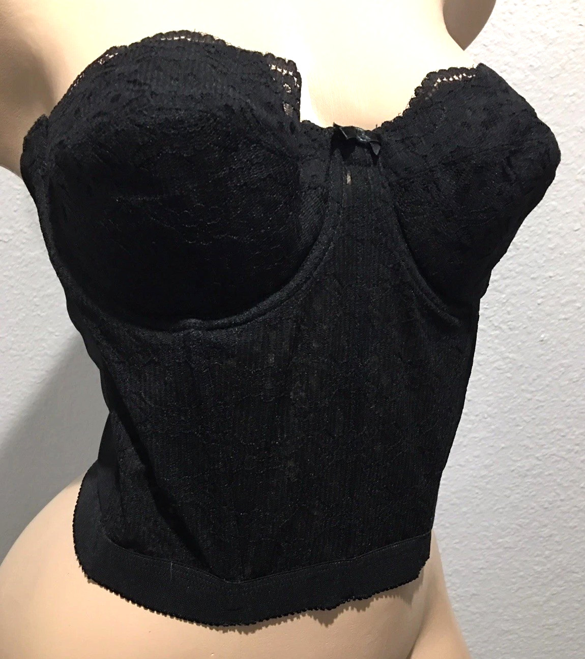 Vtg Black Nylon Bustier Long Line SEARS Bullet Bra 38B