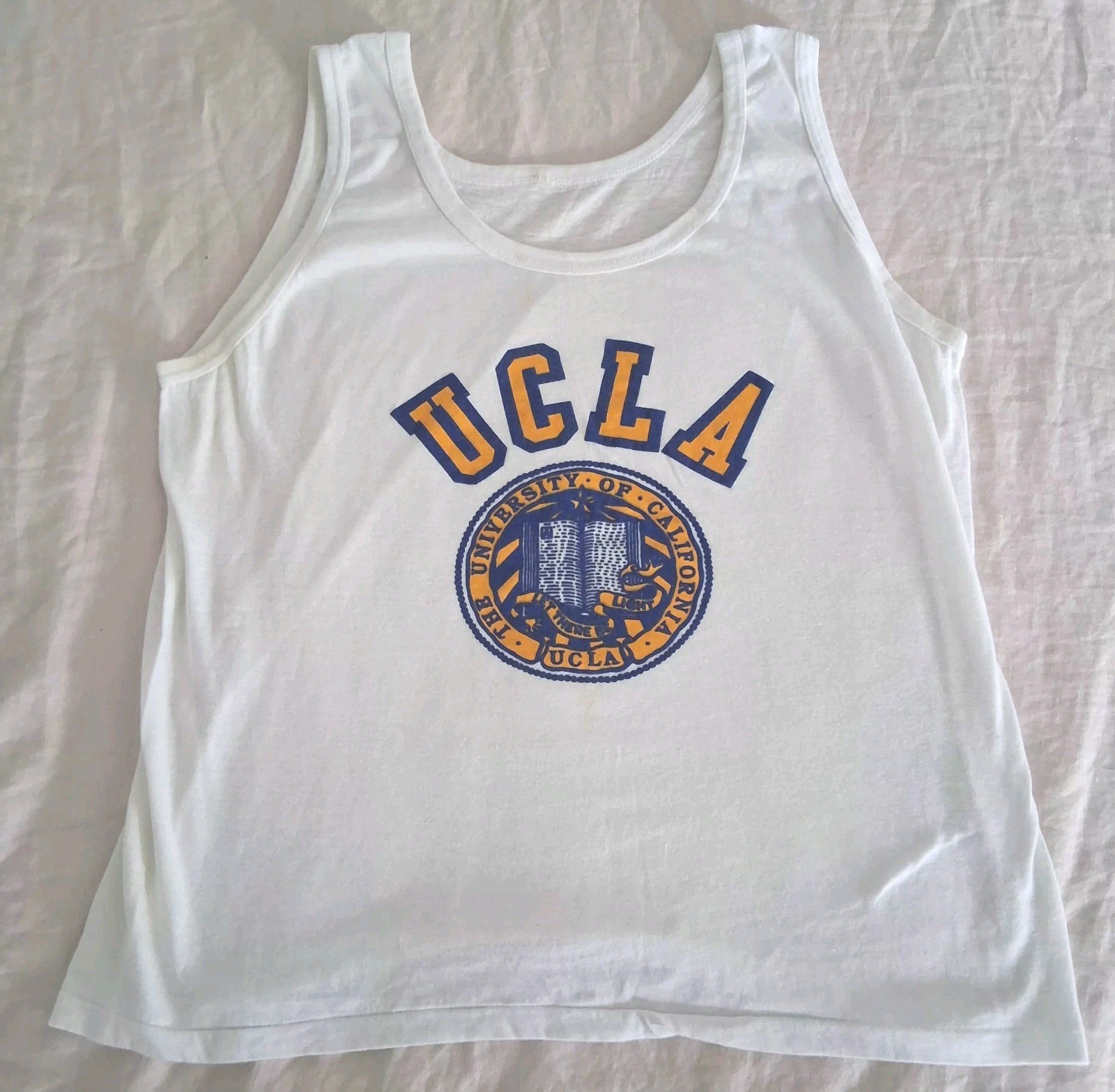 Vintage 80s UCLA Bruins Tank Top L White Blue Gold Single Stitch Collegiate USA