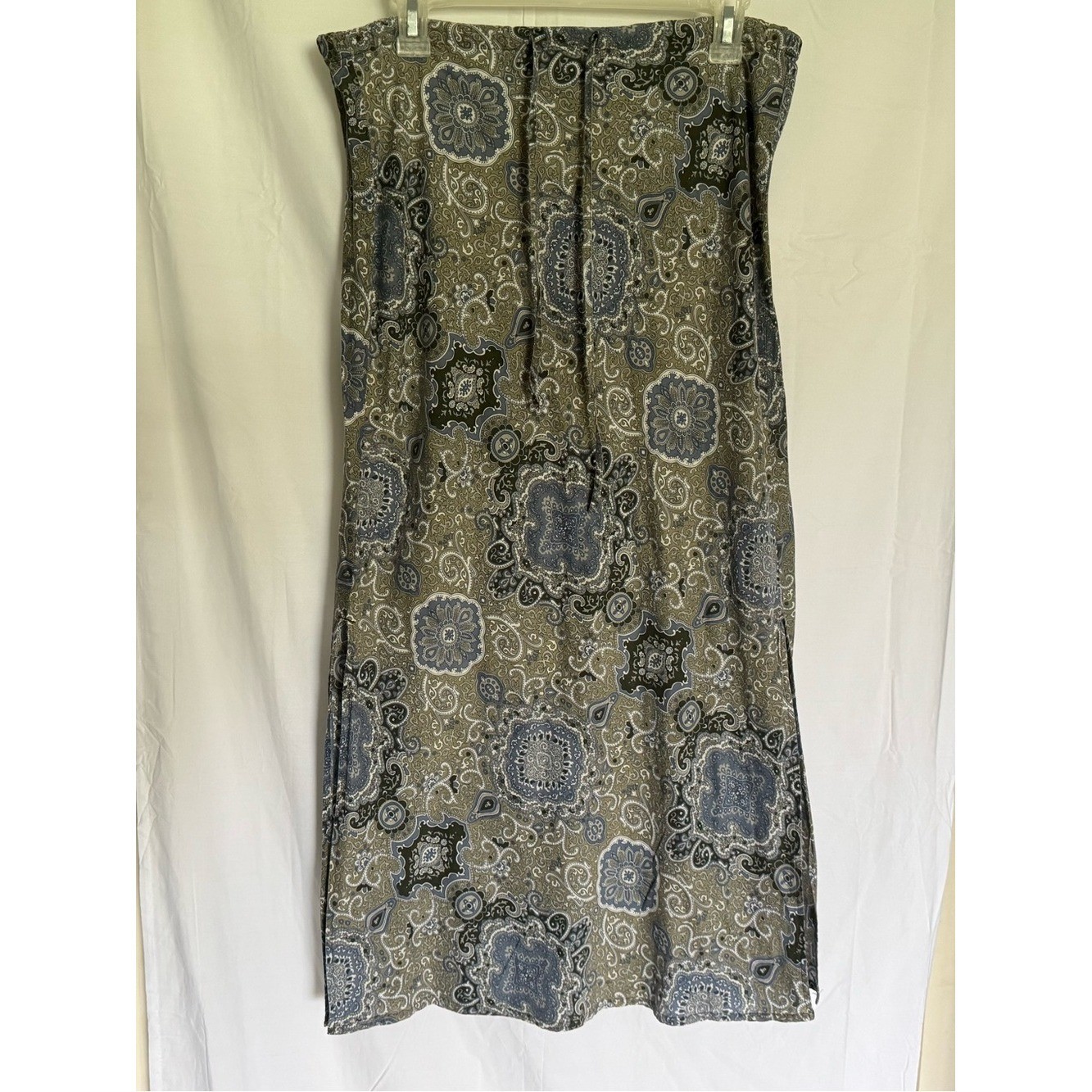Vintage Old Navy Paisley Midi Skirt – Olive Green & Blue – Size 6 – Y2K Boho