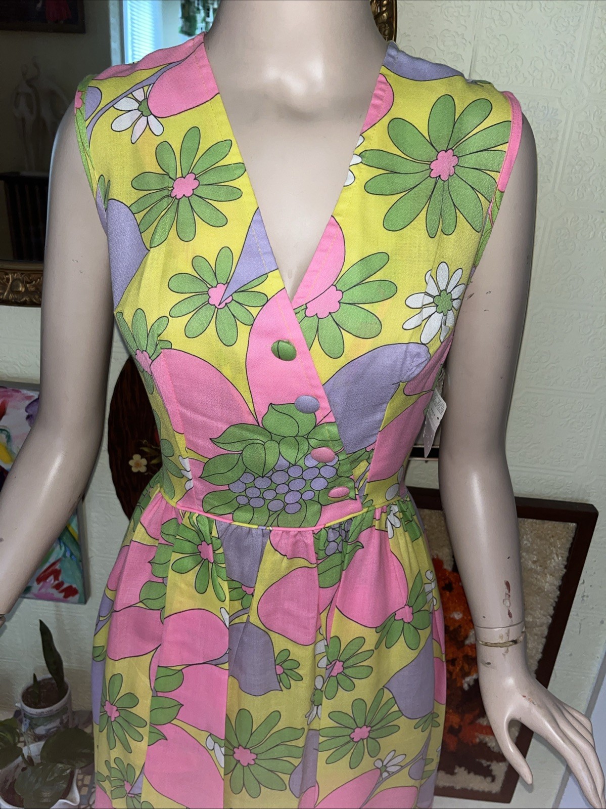 Vintage 60s 70s NOS psychedelic Mod Neon Floral Maxi Dress 2 Piece Head wrap