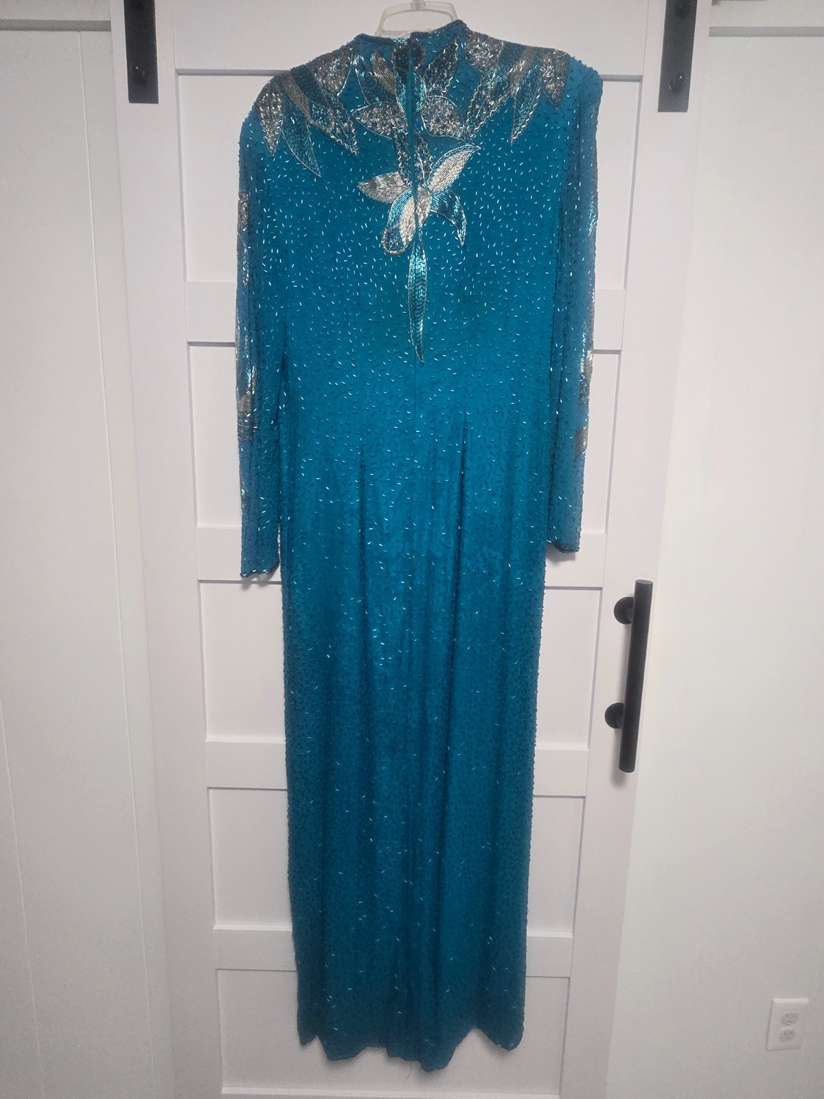 Vintage VINNIE Long Green, Teal, Silk Beaded Dress size XL