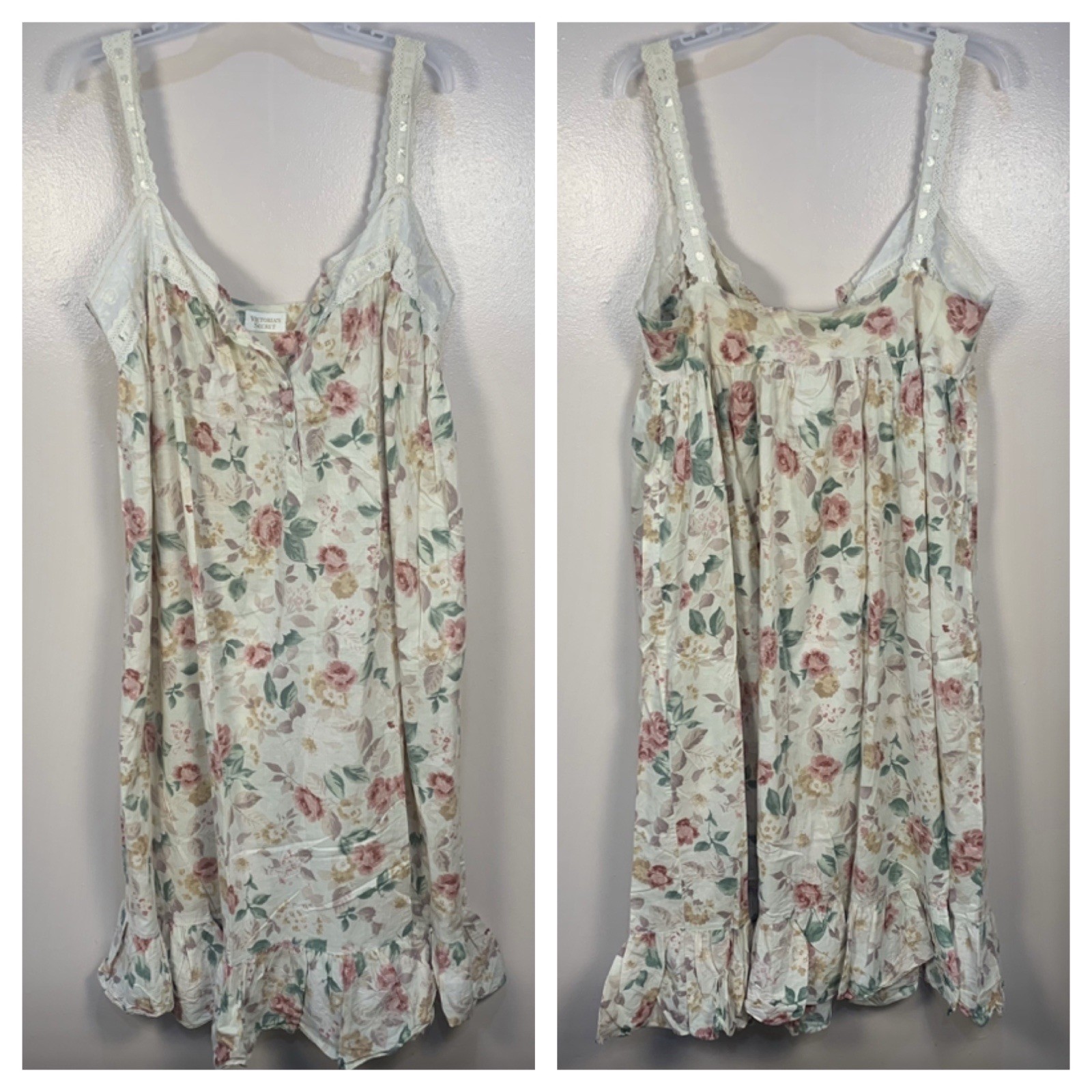 Victoria Secret VTG Gold Cotton Lace Floral Ribbon Cottage Prairie Nightdress XL