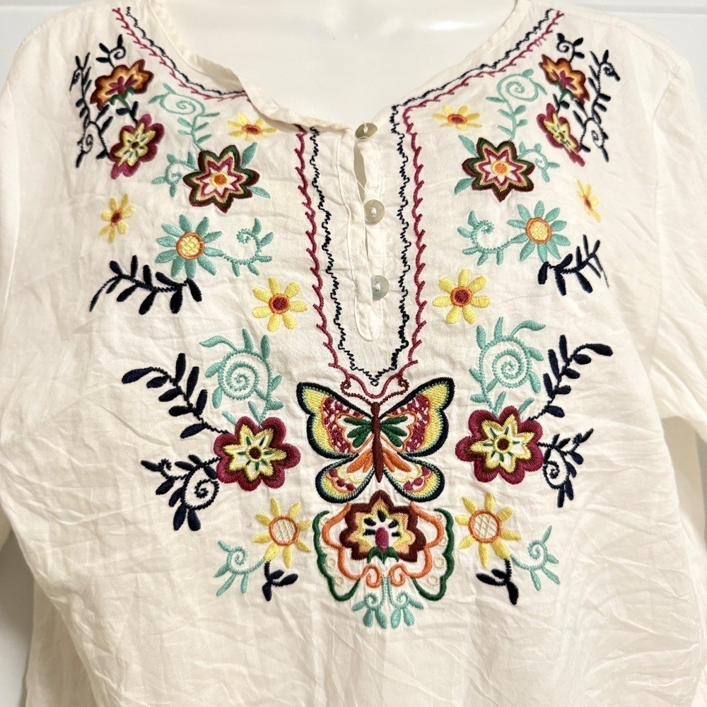North Style Embroidered Blouse SZ Large Floral Coastal Hippie Boho Nostalgia