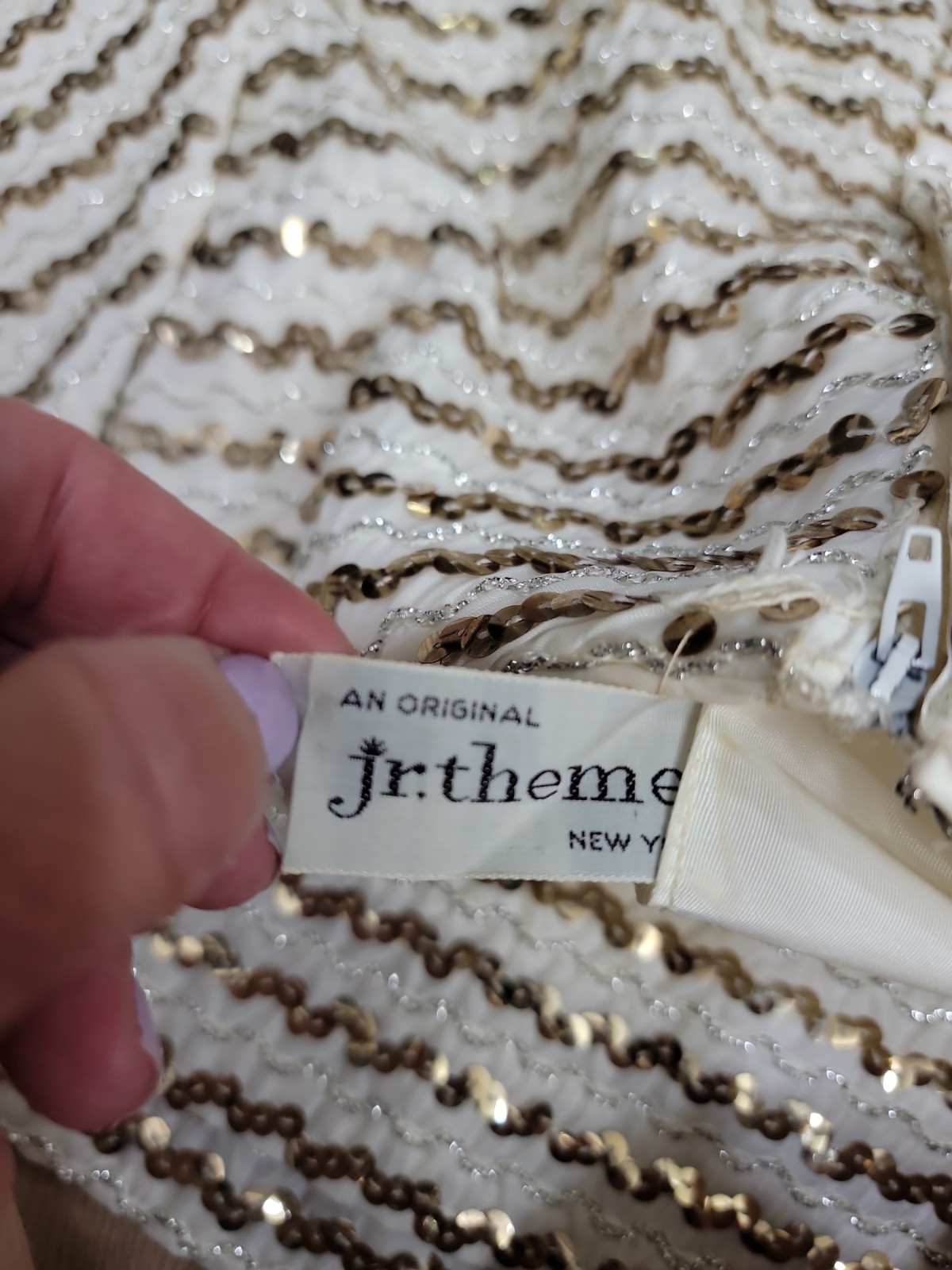 VTG Jr Theme Ivory Gold Sequin Shift Dress Mod Cocktail Party Mini Sz