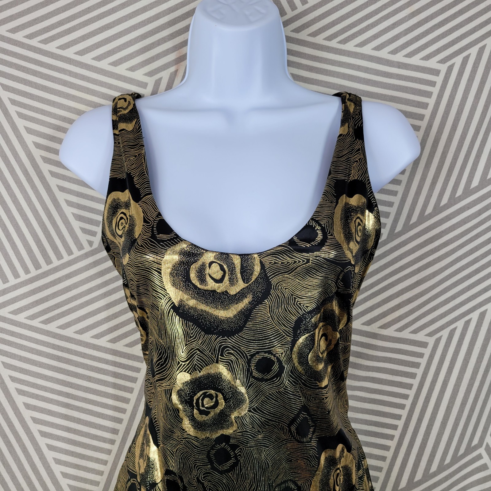 Vintage 70s Metallic Gold Long Evening Gown Dress Small Glamour Liquid Floral