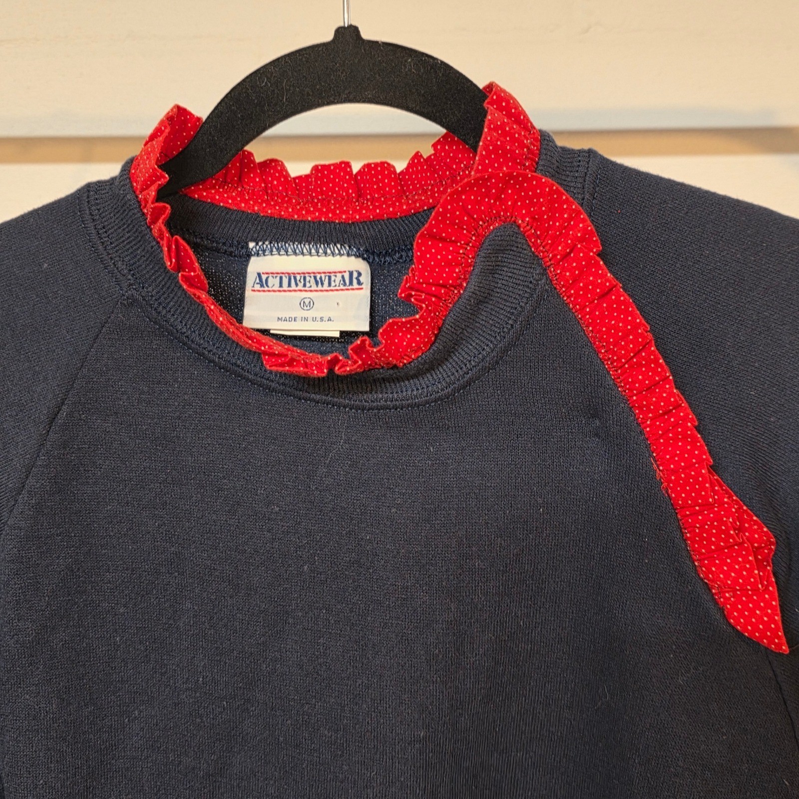 Vintage 80s Activewear Navy Blue Ruffle Collar Polka Dot Sweatshirt Women Medium