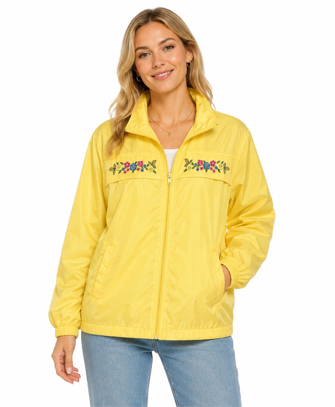 Vintage Blair Windbreaker Jacket Yellow Floral Embroidered XL 90s Nylon