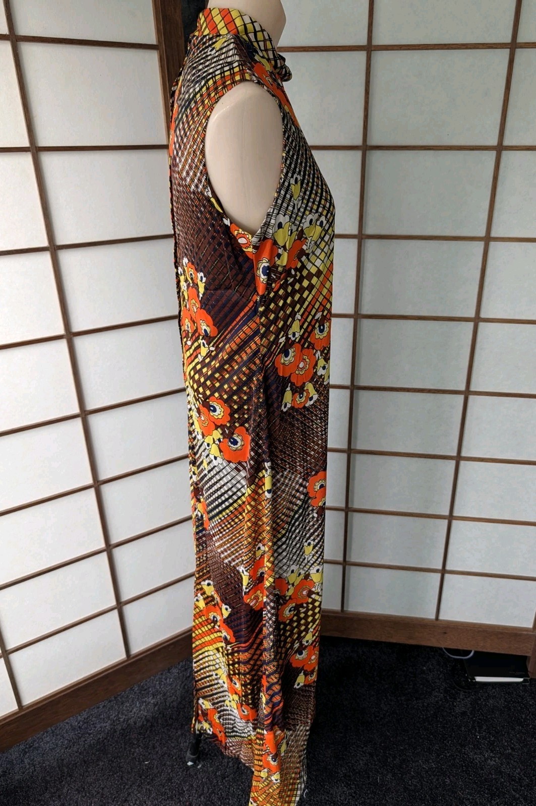 Vintage 1960s Mandarin Collar Maxi Dress Bright Psychedelic Day Glo Hippie S/M