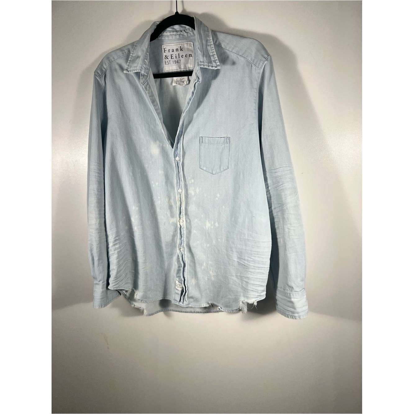 Frank & Eileen Famous Button Down Cotton Denim Distressed Splattered Shirt Sz L