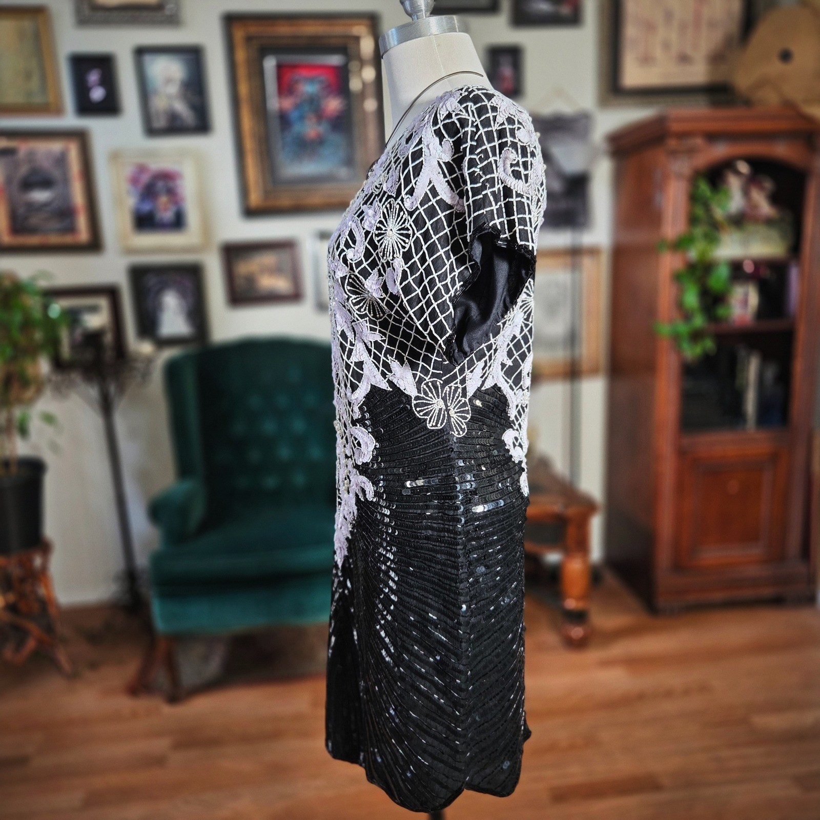 Vintage 90s Stenay 100% Silk Beaded Sequin Cocktail Black Midi Dress Retro