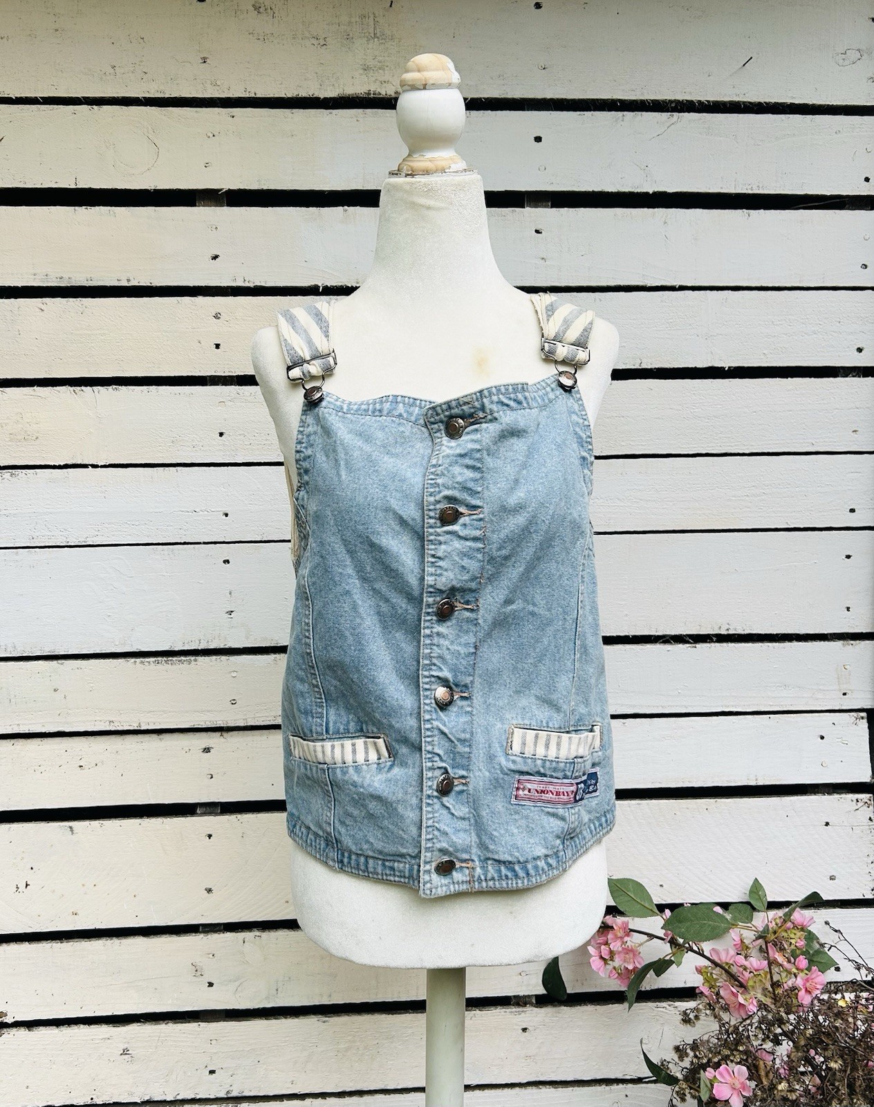 Vintage UnionBay 90s Vest Denim Button Hickory Stripe Straps 138 Grunge Jean L