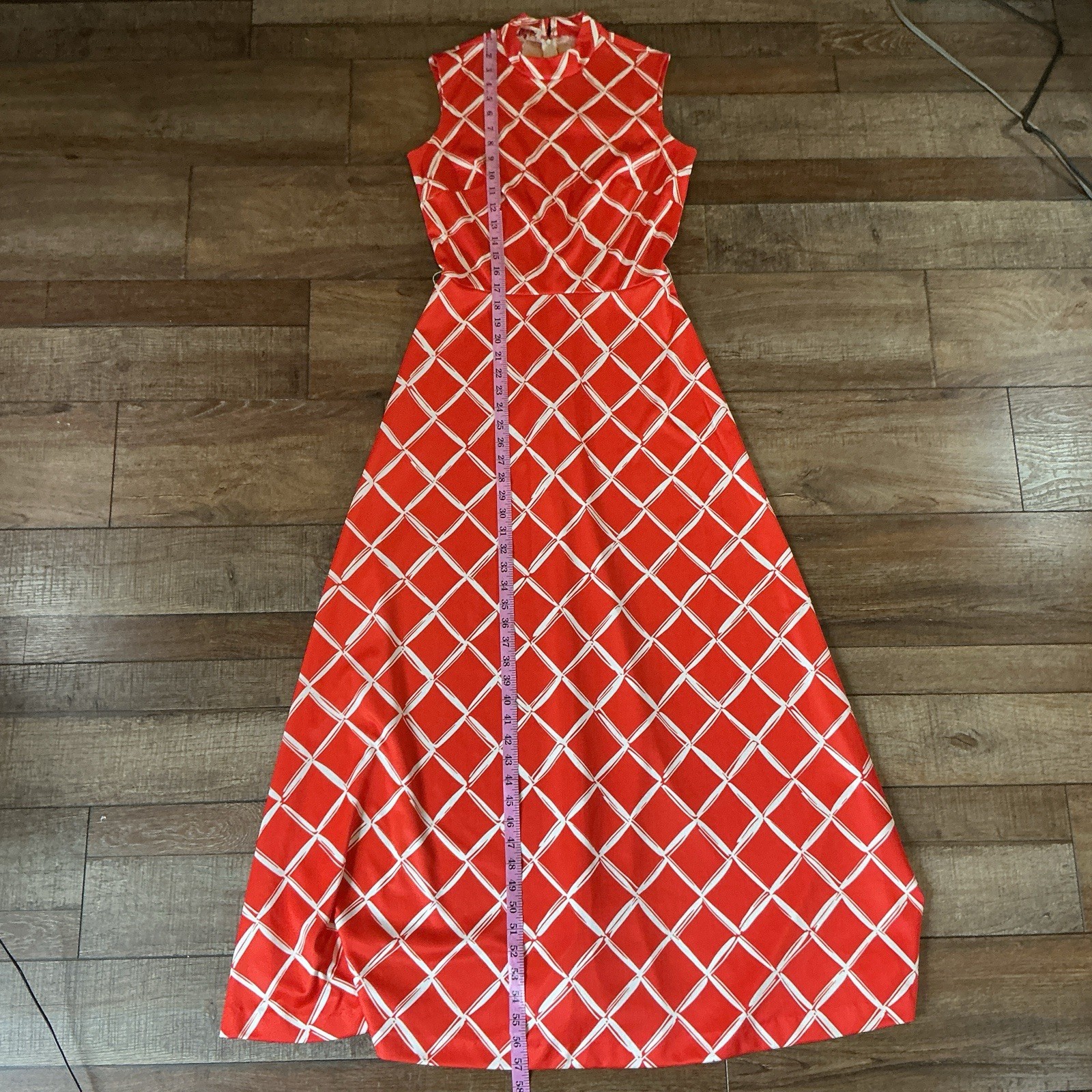 70s VTG Kay Windsor Red Geometric Maxi Dress Sleeveless Mock Neck Size XS/S #9E8