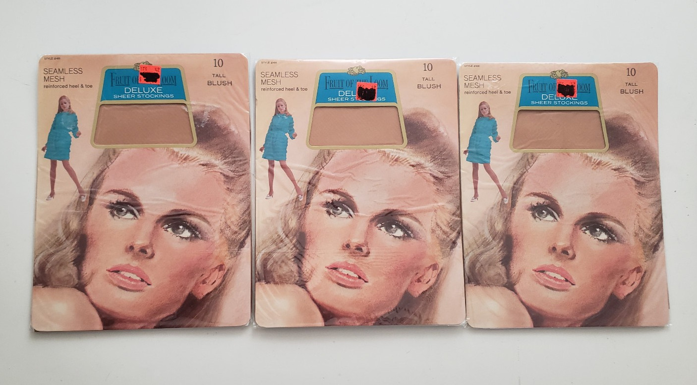 3 Vintage Pair Fruit Of The Loom Deluxe Sheer Mesh Stockings 10 Tall Blush