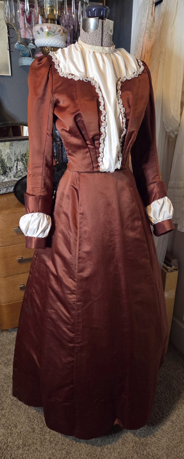 Victorian Copper Silk Blend Walking Suit w/ Ivory Taffeta Inserts & Pearl Trim
