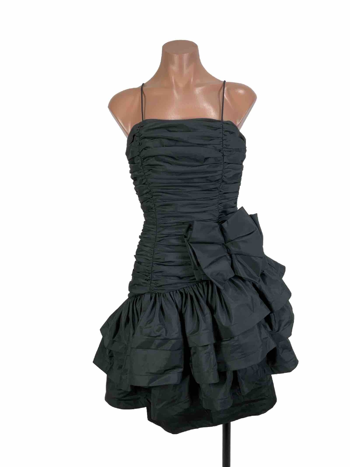 Vtg 80s Black Shired Retro Ruffle Grunge Goth Union Made USA Prom Dress Sz 7