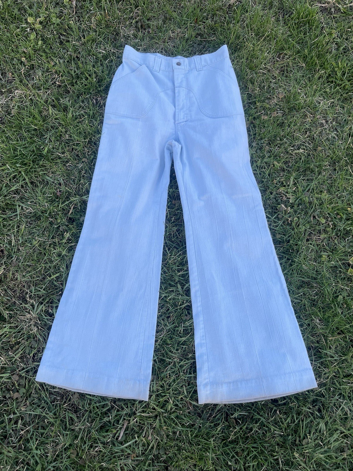 VTG 70s Rumble Seats by Wilkins Light Blue Bell Bottom Pants Distressed 29×30