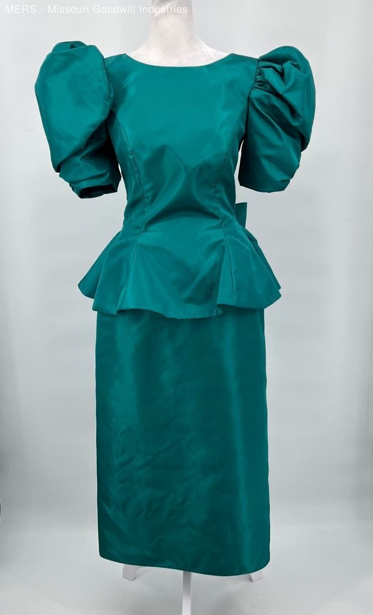 Womens Teal Solid Peplum Puff Sleeve Dress Size 9 10