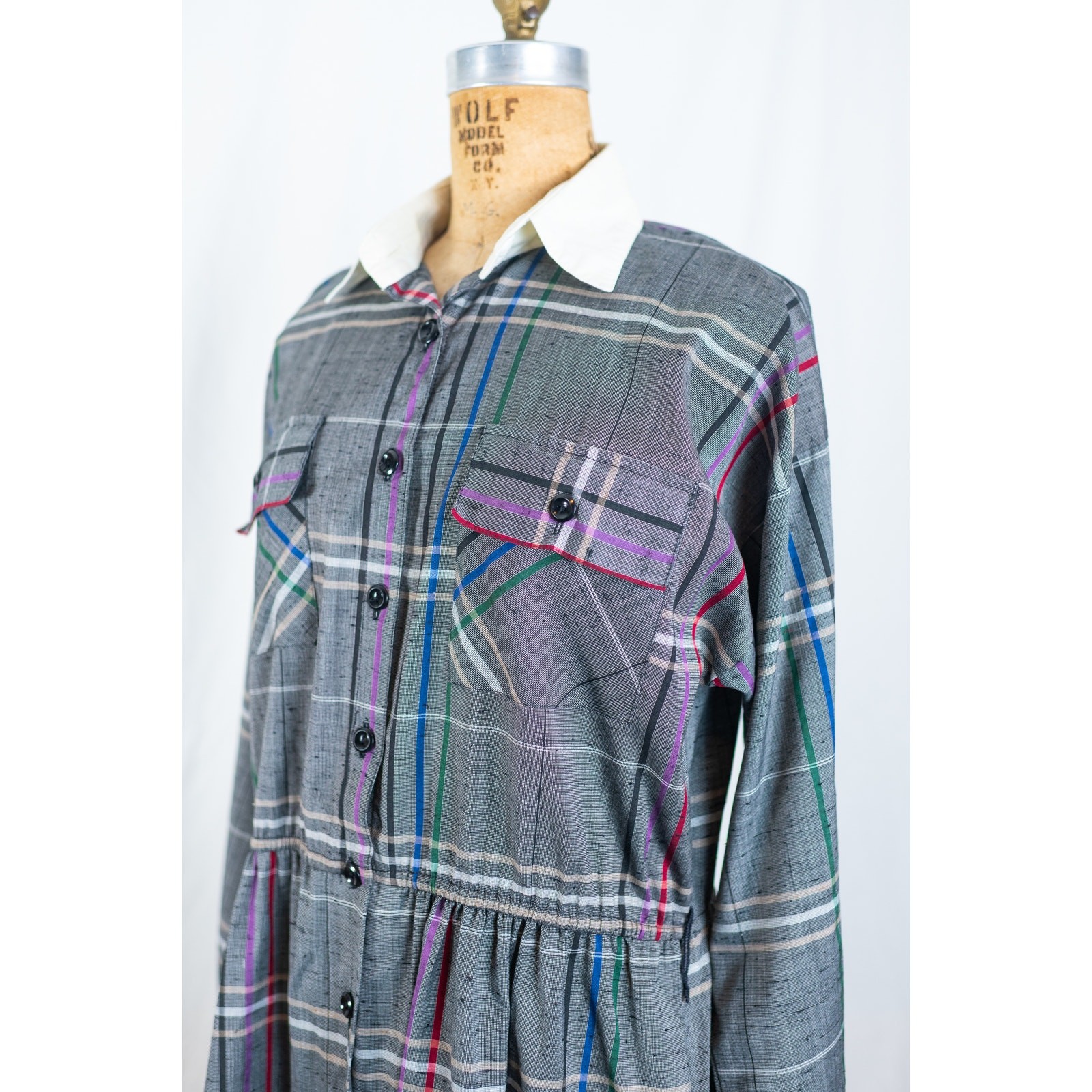 Vintage 90s Gray Plaid Midi Shirt Dress, Collared Long Sleeved, Academia, MED/LG