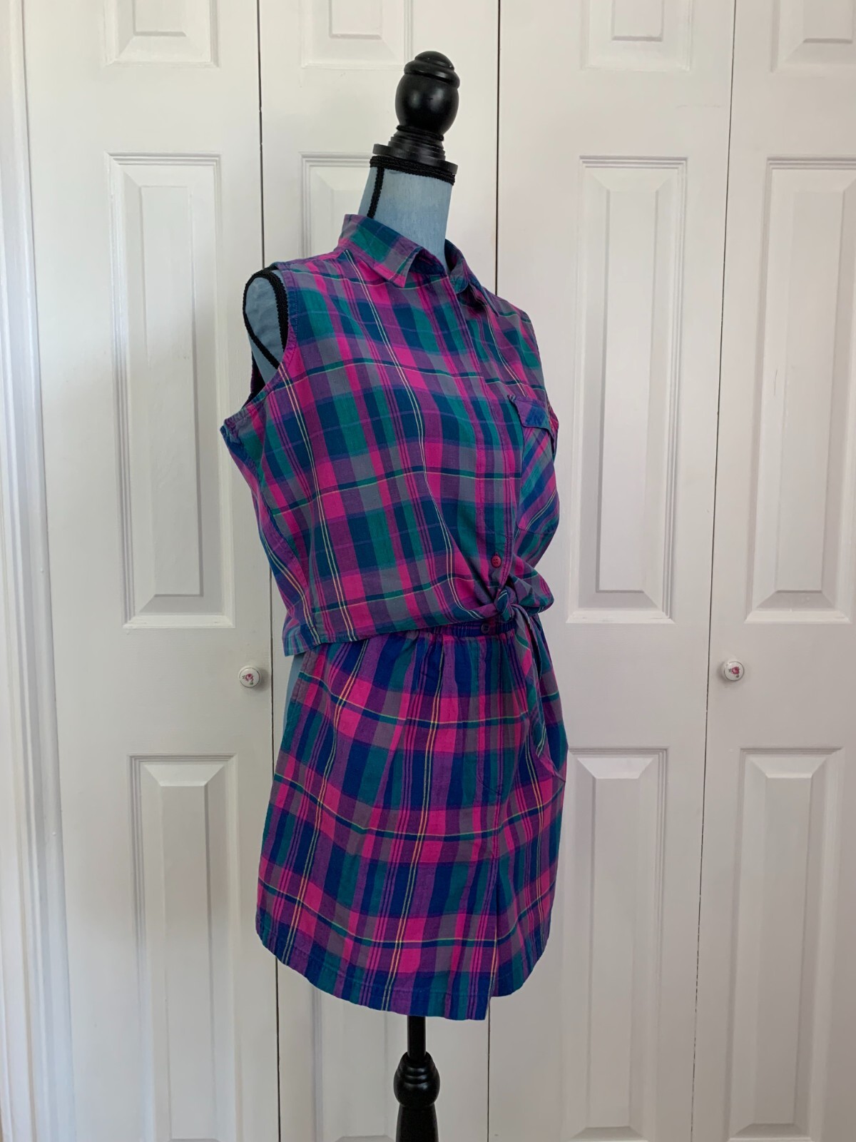 Vintage 1990’s Trend Basics 2 Piece Short Set Cropped Plaid Pink Purple M/L