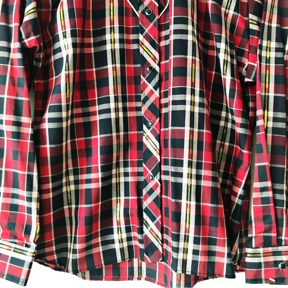 80s Kenny Rogers Western Plaid Button Down Piped Yoke Rodeo Chic Pearl Snap Sz M