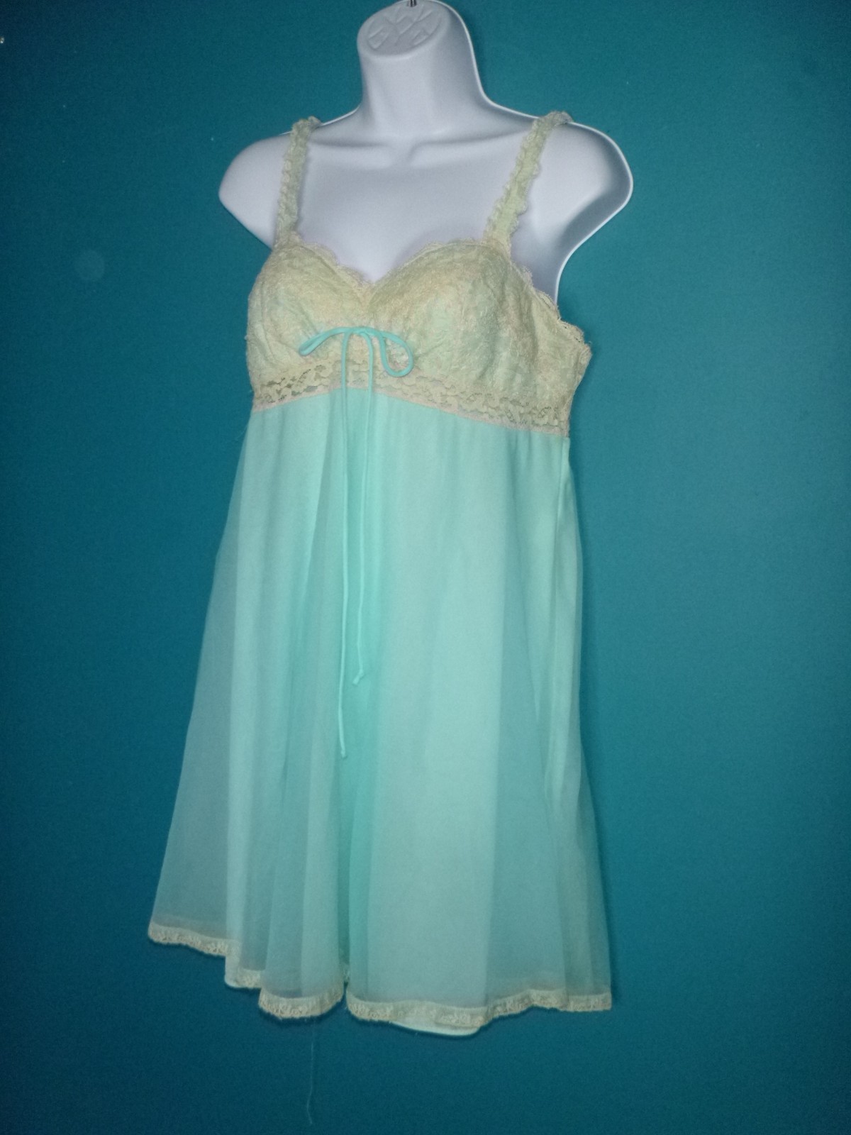 Vtg 60s Olga Sleeping Pretty Nightgown Aqua Double Layer Nylon Chiffon Sz M