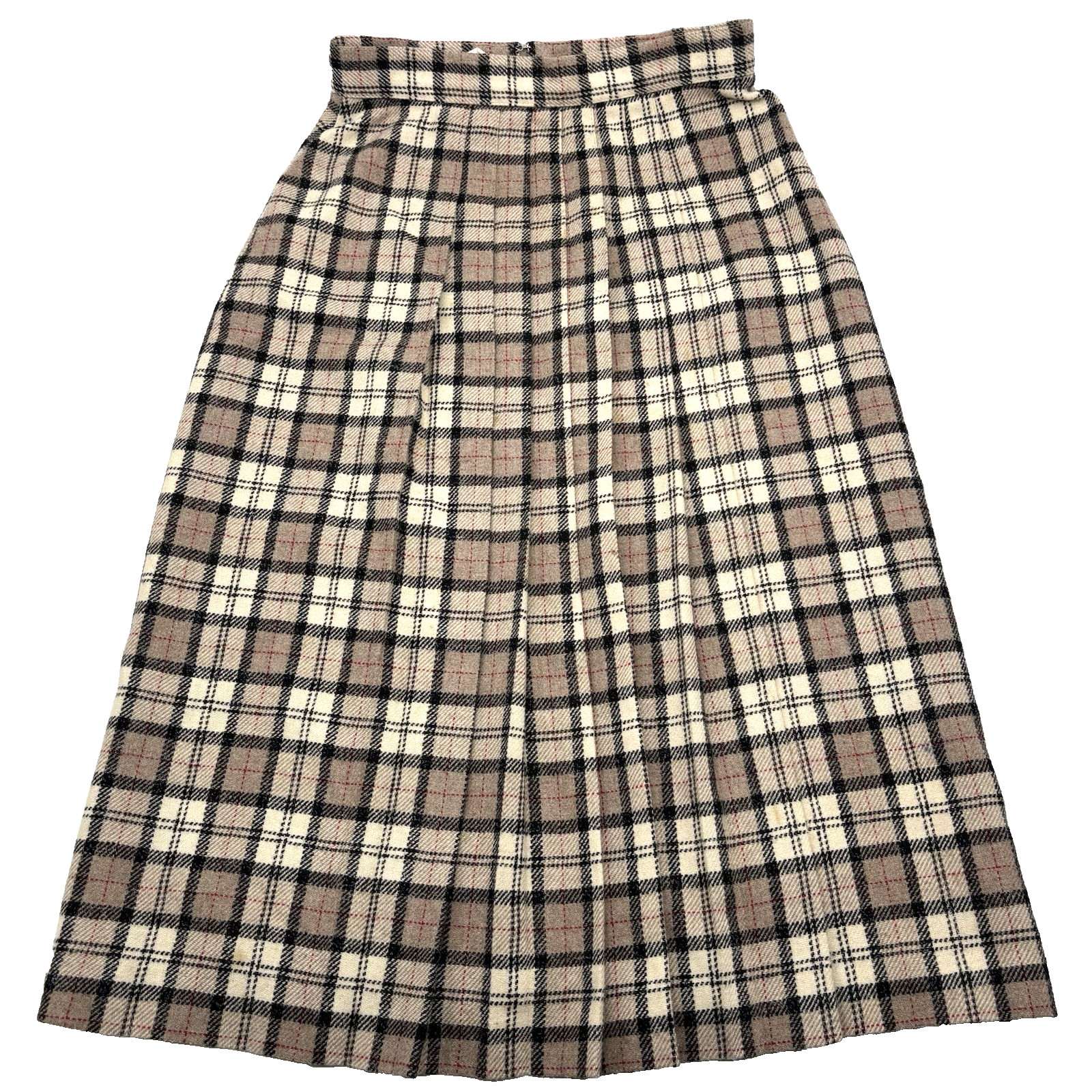 Vintage 1960s Panther Tan Plaid Wool Blend Pleated Skirt 9/10 26×29.5 Union Made