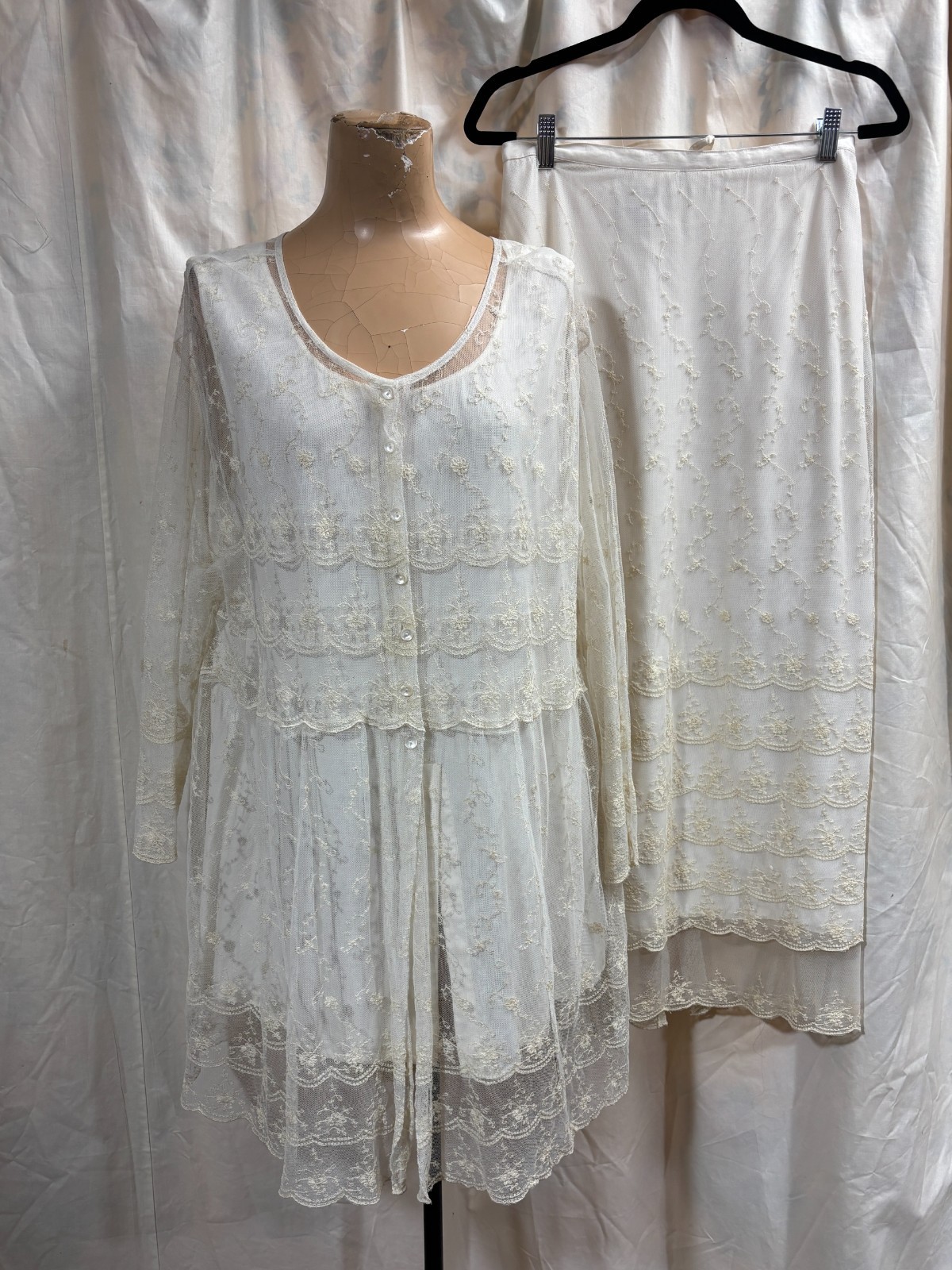 Vintage 1990s April Cornell 3 Piece White Ivory Lace Top Skirt Wedding Large