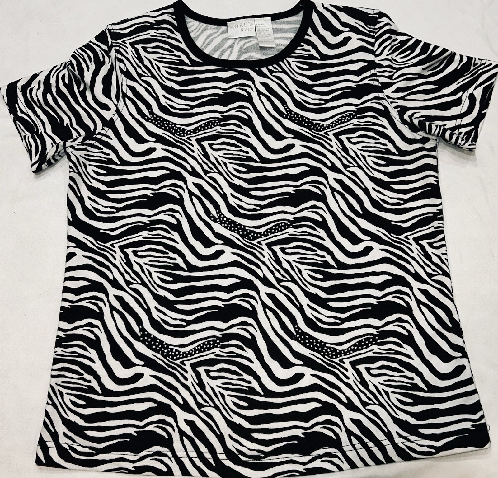 Koret K-Wear Zebra Print Tee S Black White Animal Pattern Studded Accents Top
