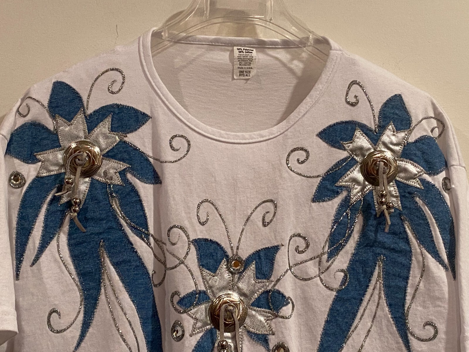 Vintage White Polyester & Cotton T Shirt Decorated w/Denim Applique & Rhinestone
