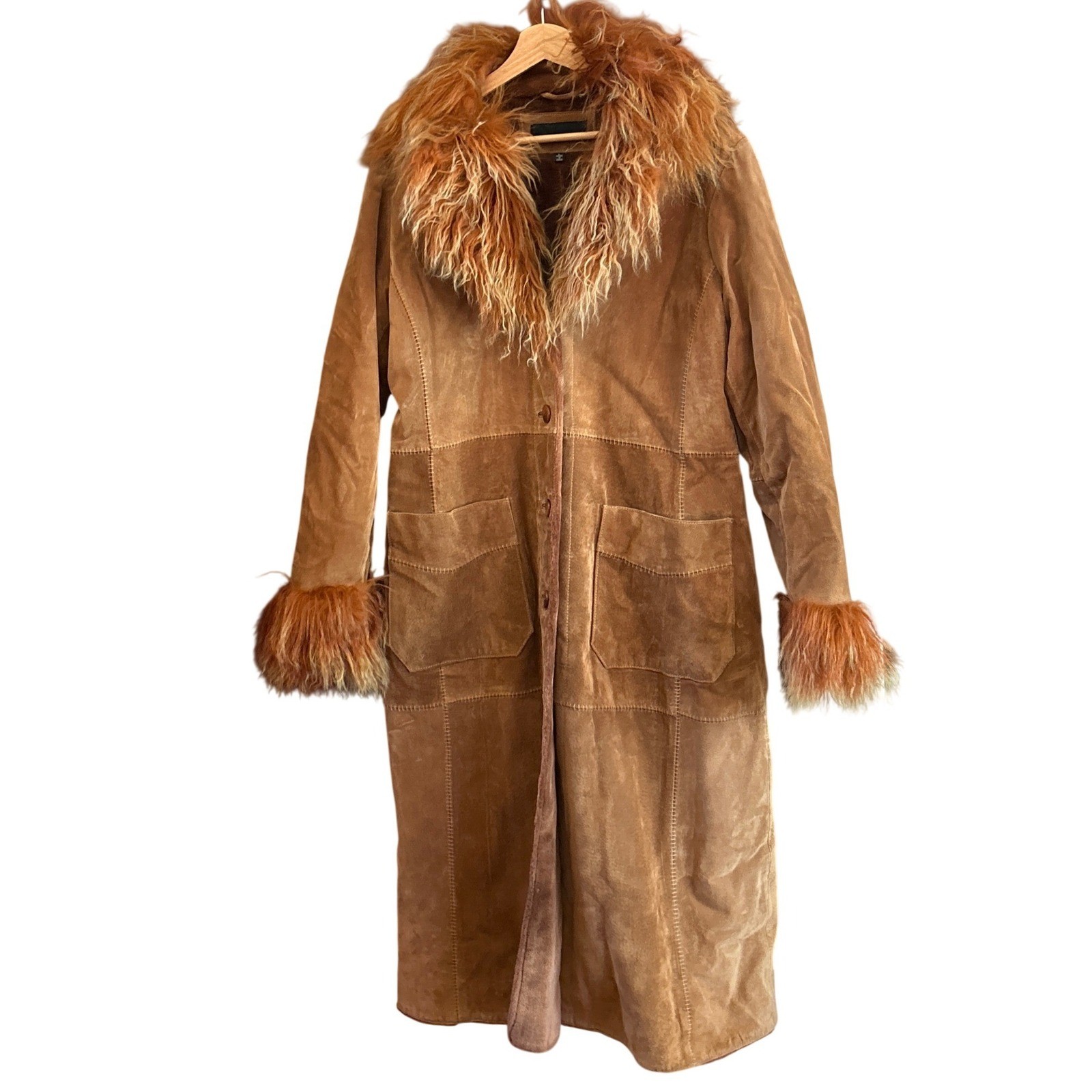 Y2K Vintage Jones New York Suede Coat Penny Lane Boho Chic Mongolian Fur Trim