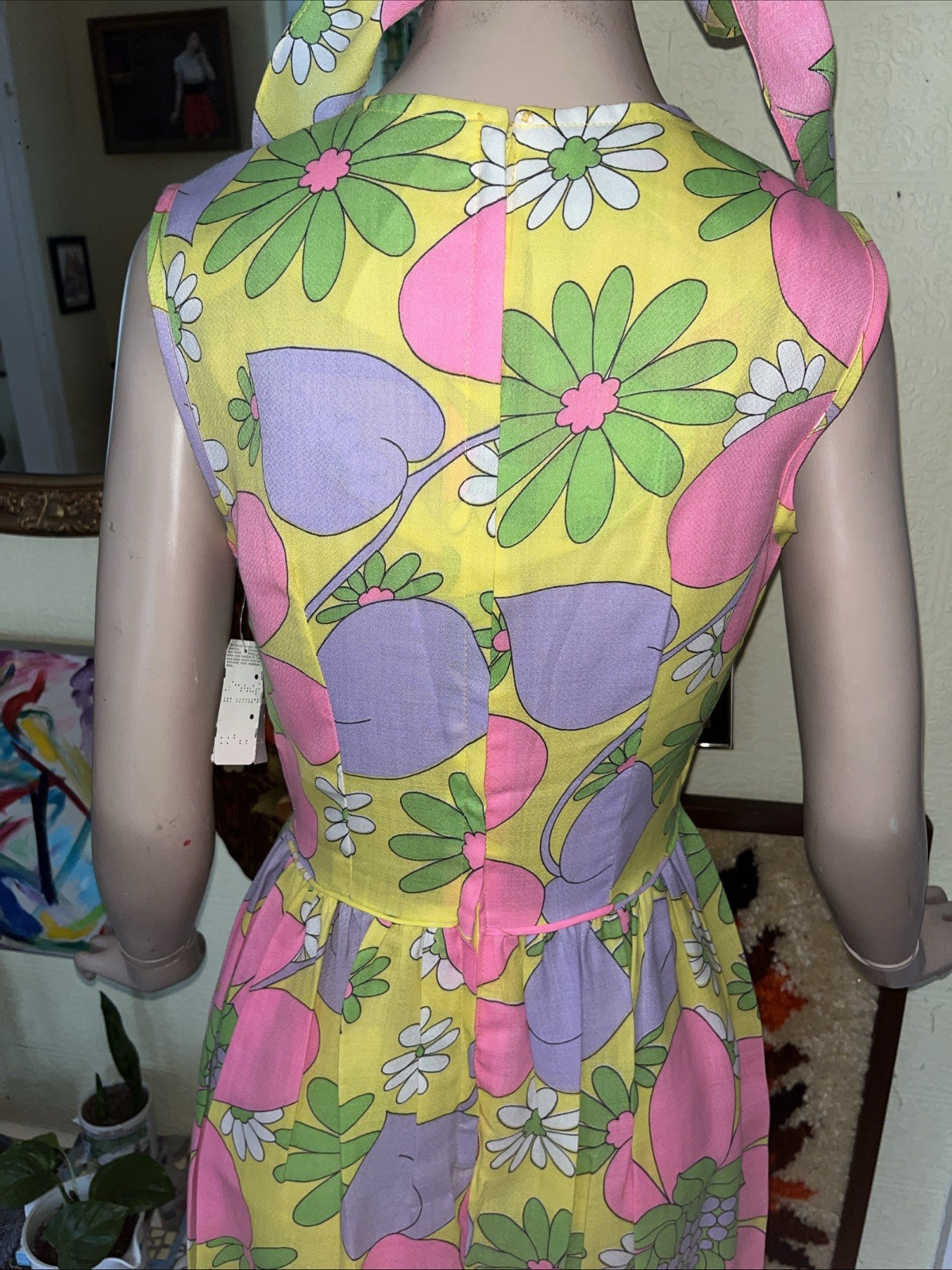 Vintage 60s 70s NOS psychedelic Mod Neon Floral Maxi Dress 2 Piece Head wrap