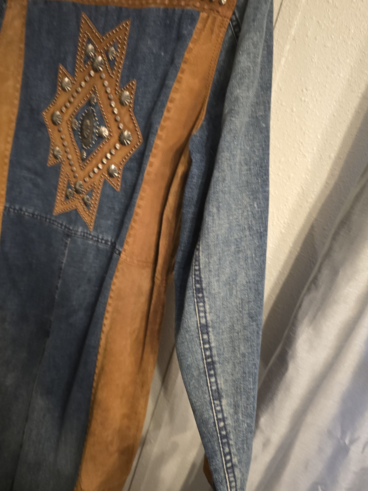 Vintage Cripple Creek Western Leather Denim Duster Long Jacket Trench Coat