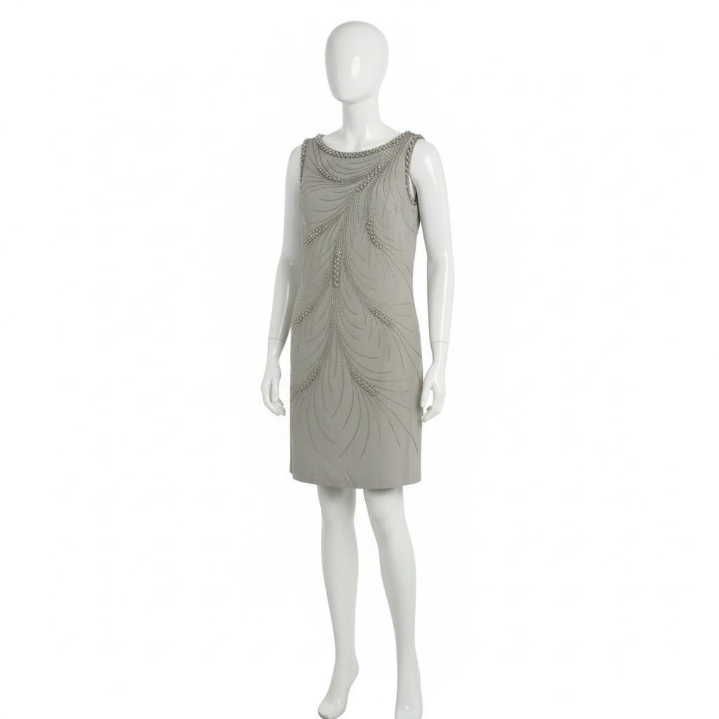 1950s Fully Beaded Shift/Sheath Dress Art Deco Motif Bugle Beads Pearls Lined S