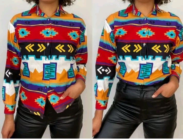 Circle T By Marilyn Lenox / Western M southwestern print Long Sleeve Shirt #R1