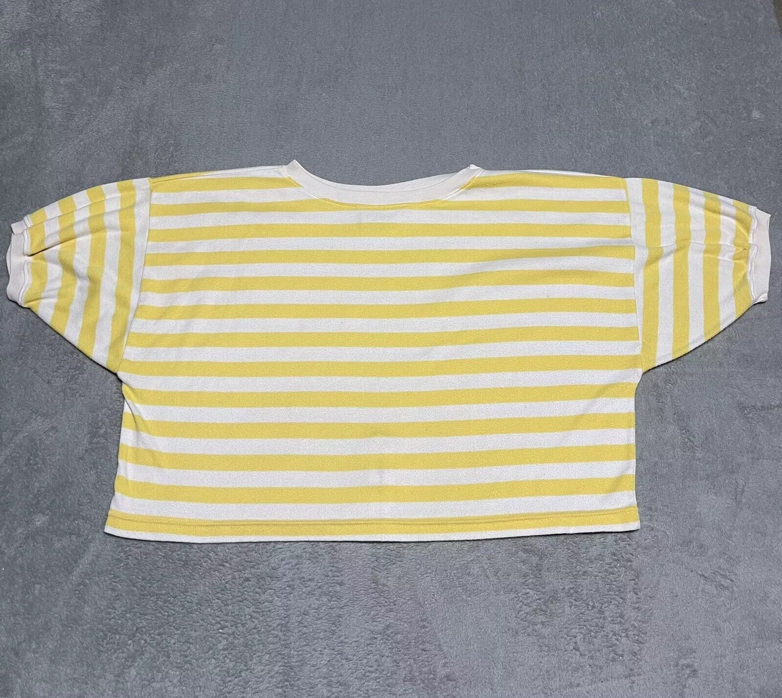 Vintage Beldoch Popper Shirt Womens Large Yellow White Striped Short Sleeve Crop
