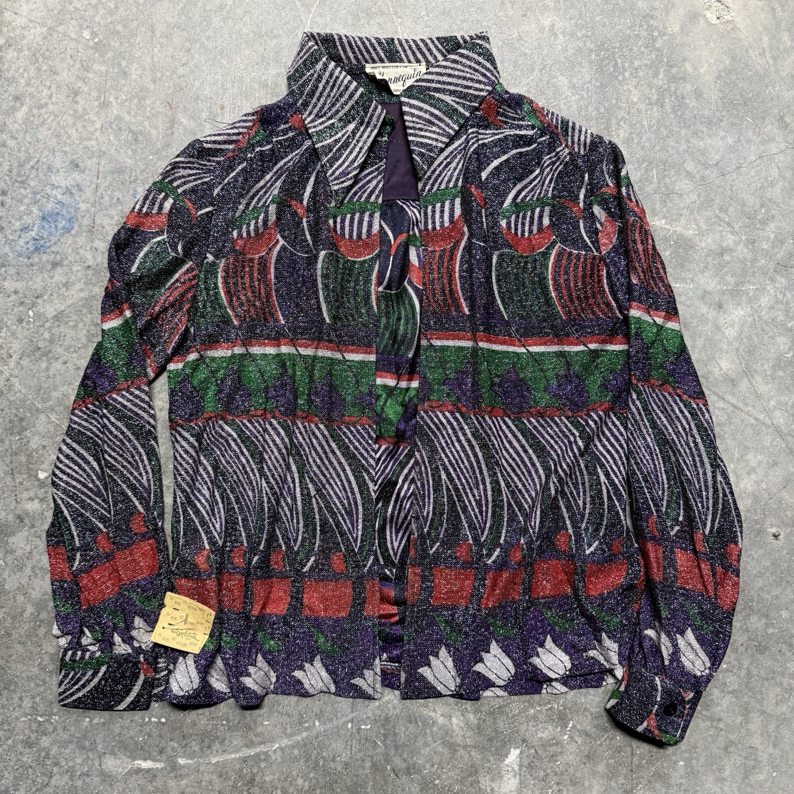 Huey Waltzer For Mannequin NWT VTG 70s Open Blouse Shirt Metallic Print Op Art L