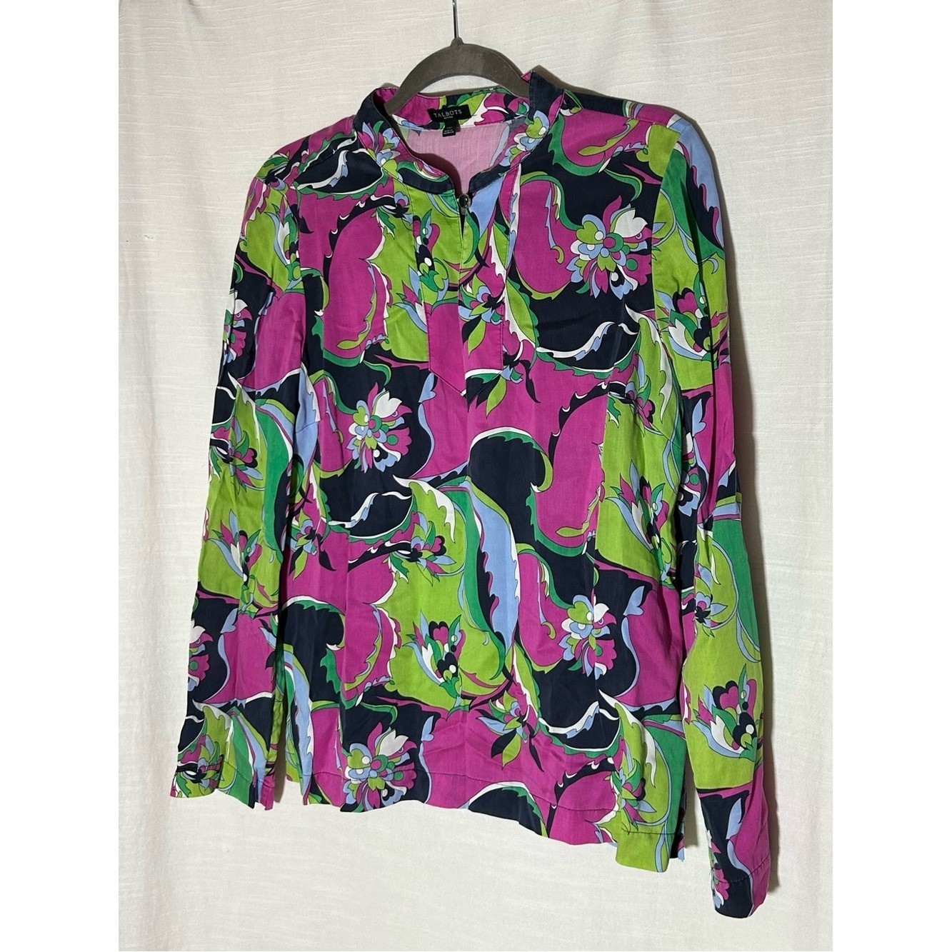 Talbots Retro Pucci Inspired Pink, Green & Navy Paisley-Print Long Sleeve Blouse
