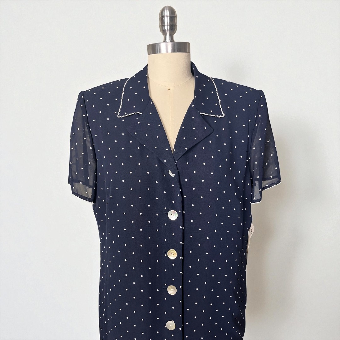 NWT VTG 90s Plaza South Coast 12P Maxi Navy Blue & White Polka Dot Shirt Dress