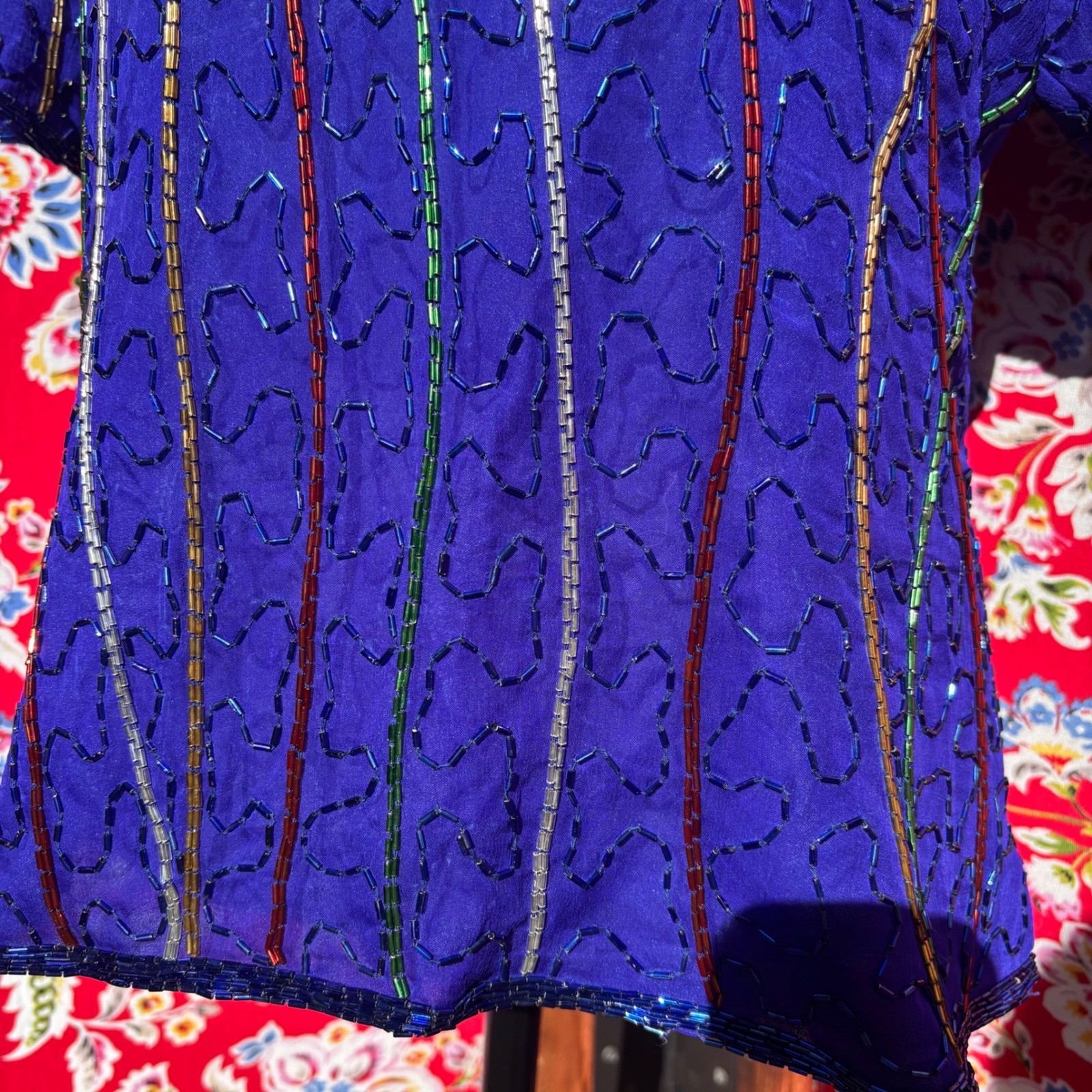 VTG 90&rsquo;s 100% Silk Blue Beaded Multicolor Boho Chic Glam Blouse Women&rsquo;s Size L