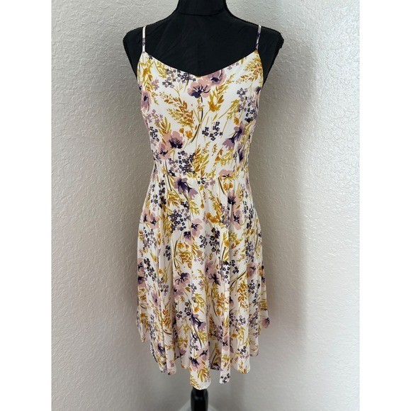 Old Navy Multi Floral Cami Dress Large Cream Purple Mustard Yellow Smocked Back