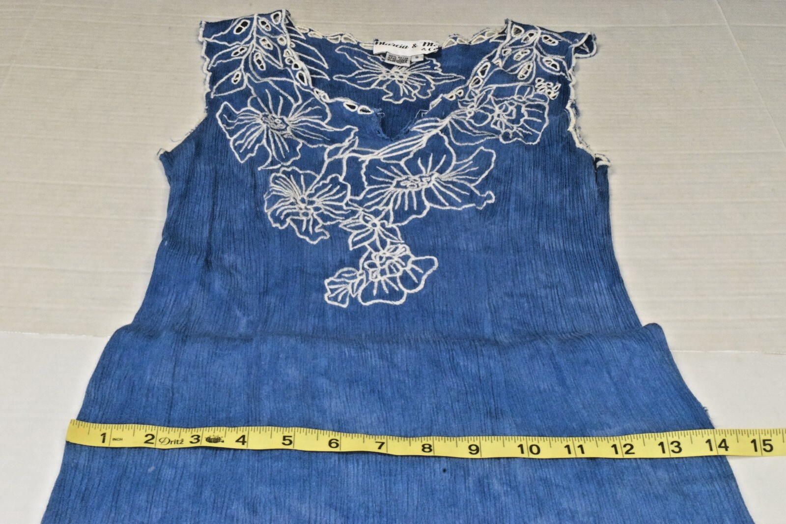 Vintage Dress Marcia and Me Size S 90s Ocean Blue Rayon Crinkle Embroidered Trim