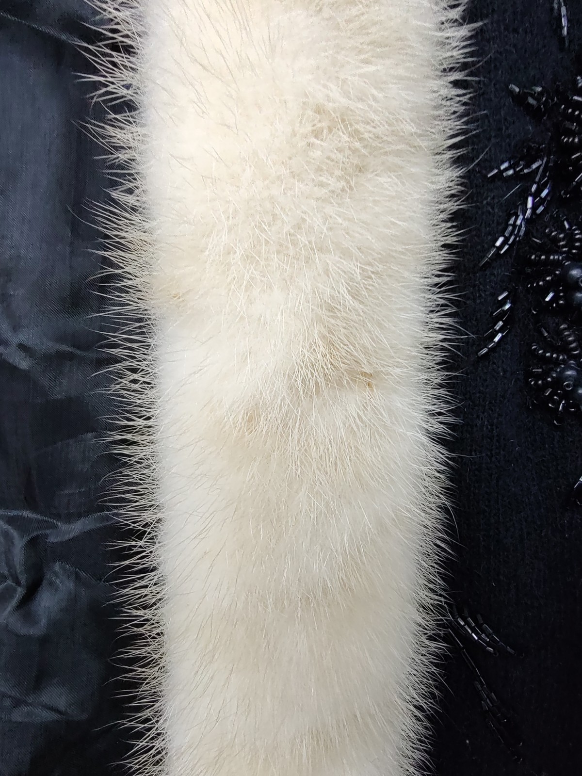 Vintage Black Wool Beaded Cardigan w/ Real Mink Fur Collar –Lined- Hong Kong
