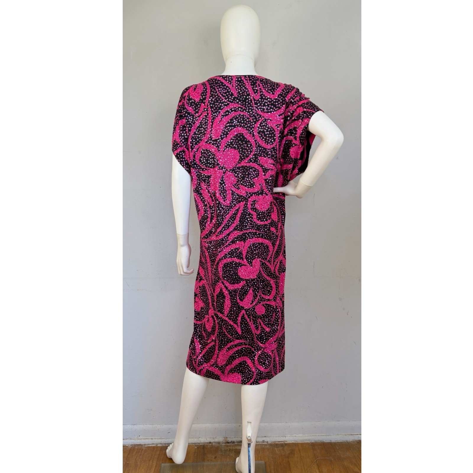 Vintage Glittery Dress, Hot Pink Black Nuin 1980s Gown (Made in United States),