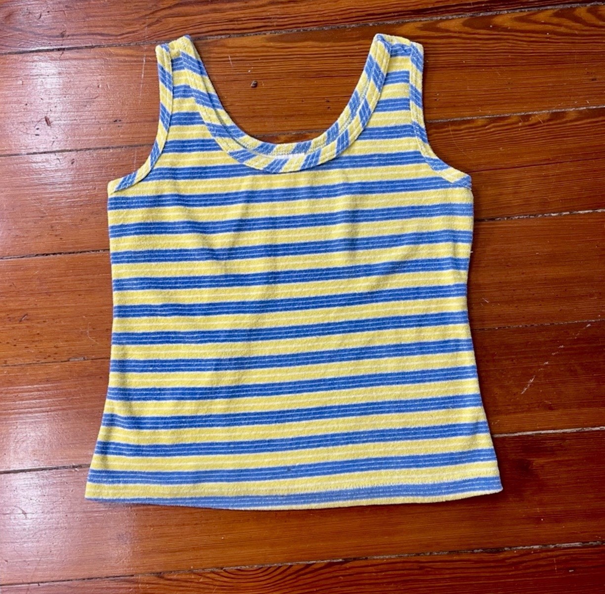Vntg 70s Terrycloth Striped Tank Top Blue Yellow Retro Beachy Mod Tee Sz M💛🍄