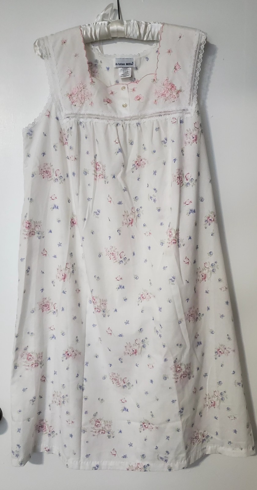 ​VTG Kristen Miller Nightgown Medium Pink Floral Lace Trim Cottagecore Made USA
