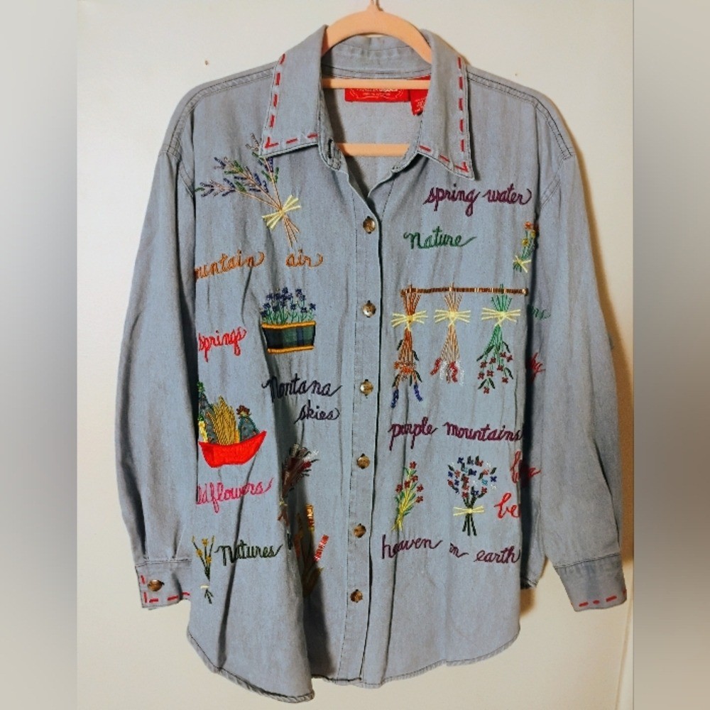 VTG Venezia Jeans Denim Blouse Women’s 14/16 Embroidered 90s Grandmacore