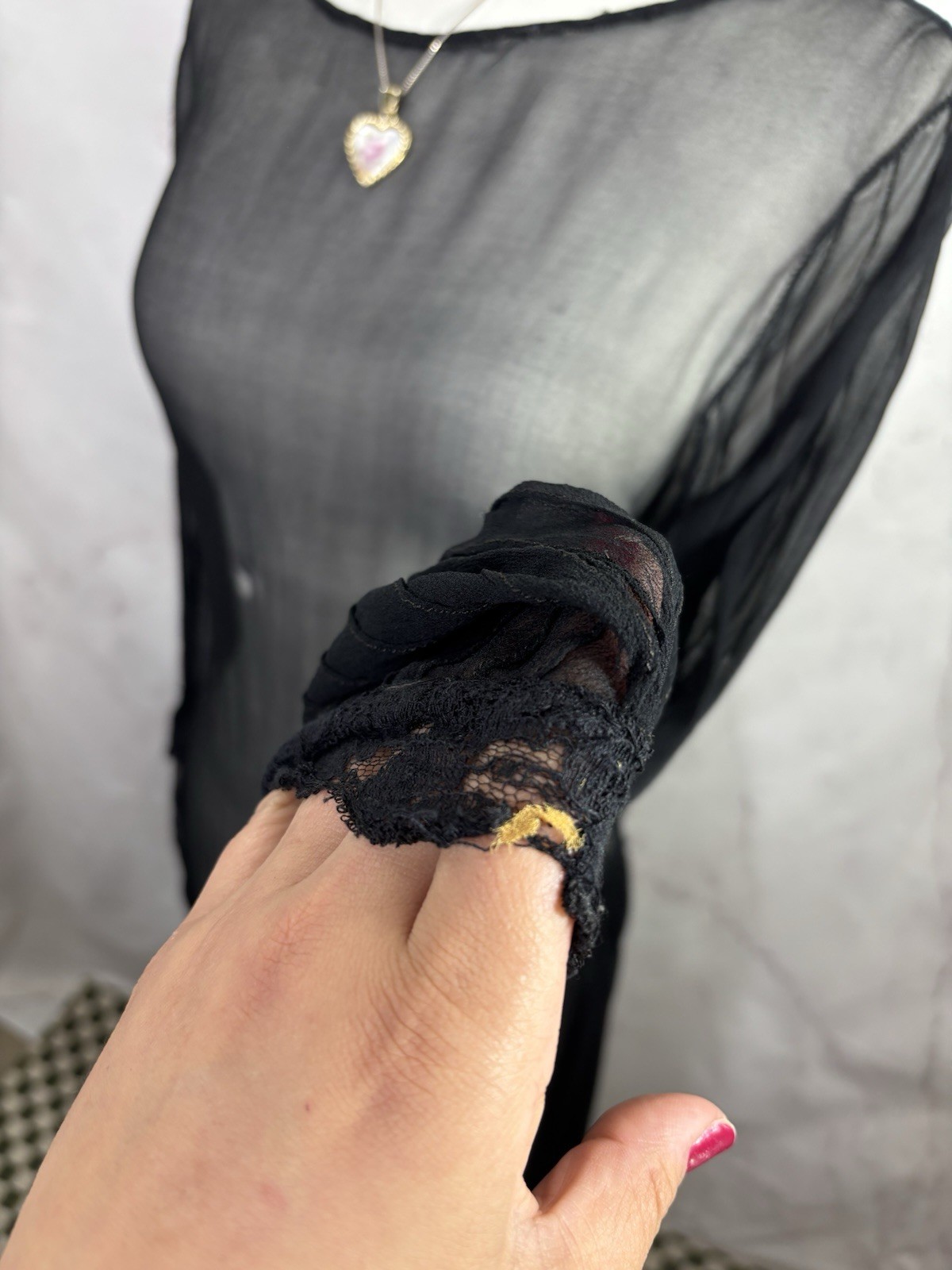 Antique 1920s Black Sheer Silk Chiffon Drop Waist Dress Art Deco Glam Vintage M