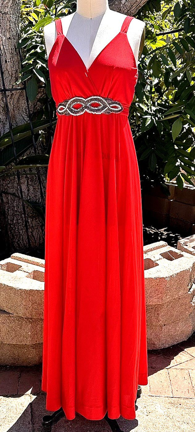 Vntg Lilli Diamond Red Evening Gown Long Cocktail Dress Beaded Waist V‑Neck 12